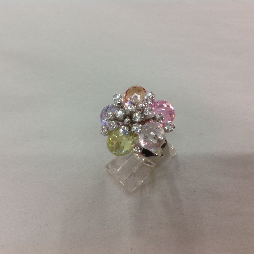 Faceted Crystal and CZ Flower Ring, Set in Sterling Silver